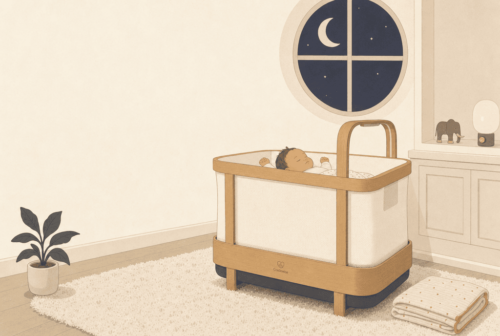 A baby asleep in a Cradlewise crib at dusk