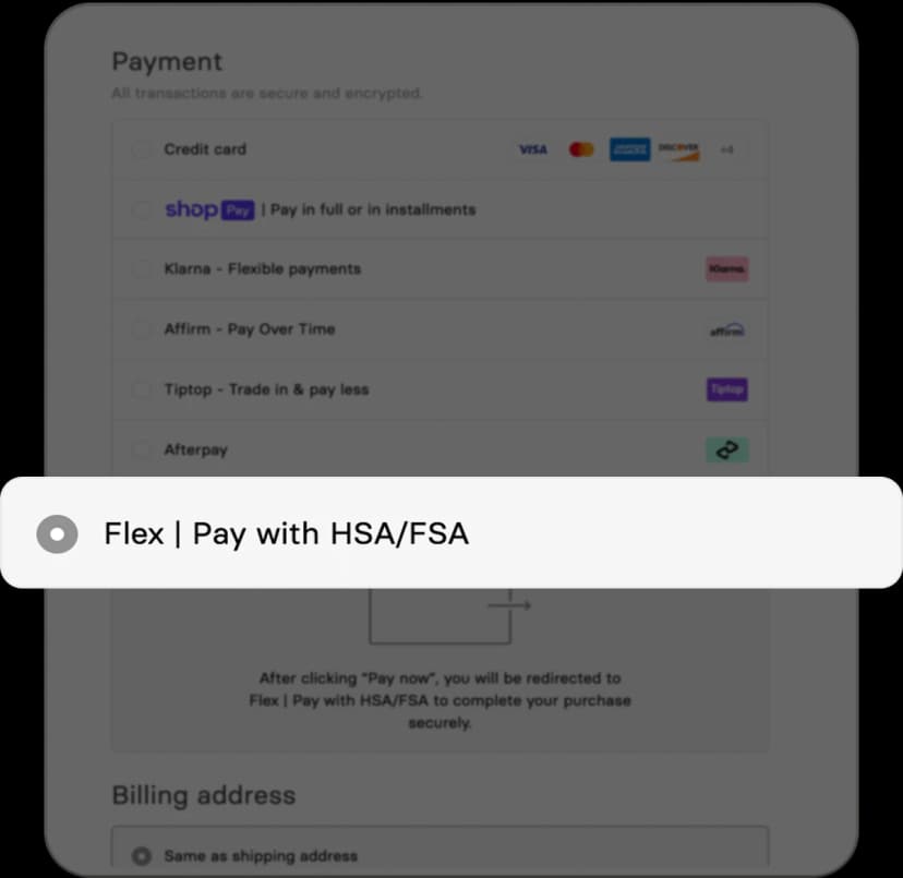 Flex payment option selector at checkout