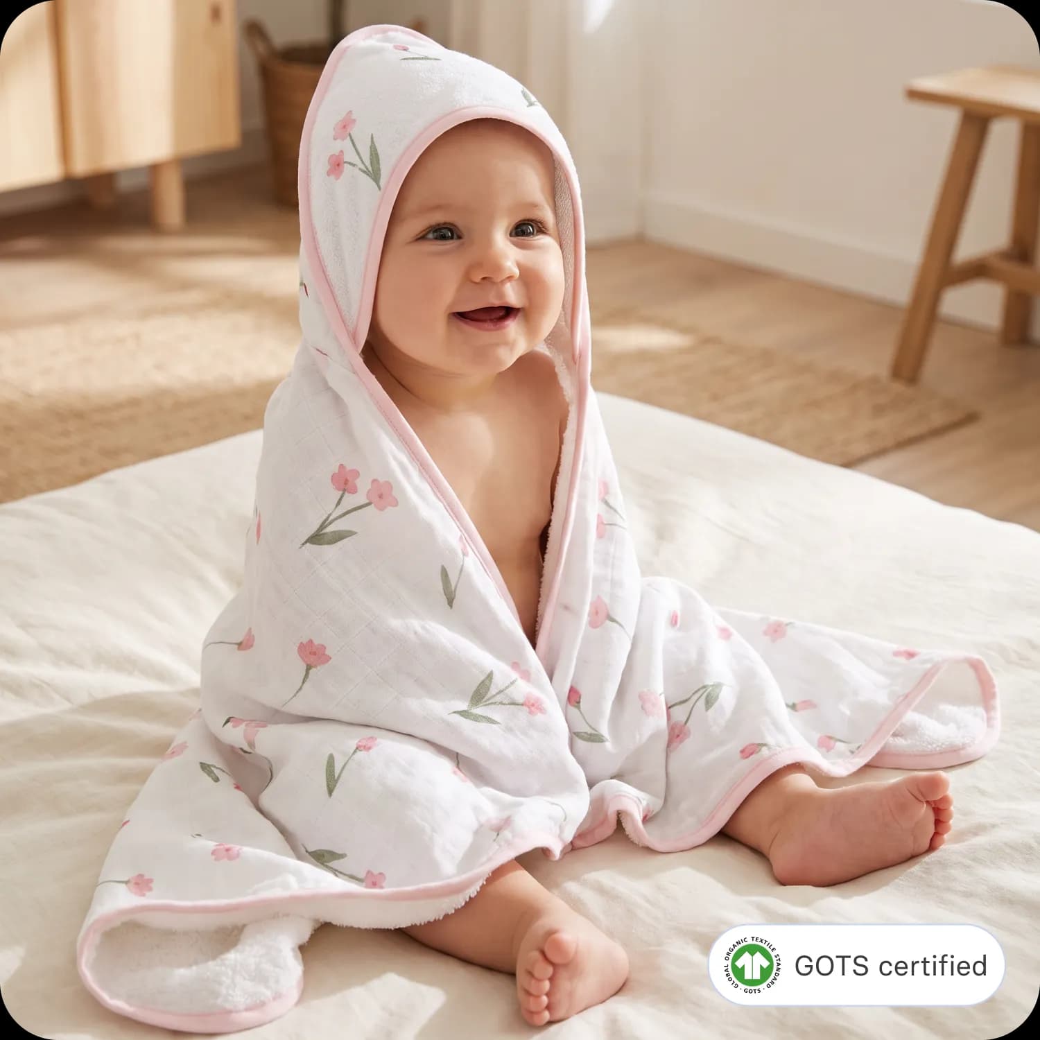 Dual-Sided Organic Cotton Hooded Baby Towel — Spring Bloom 1