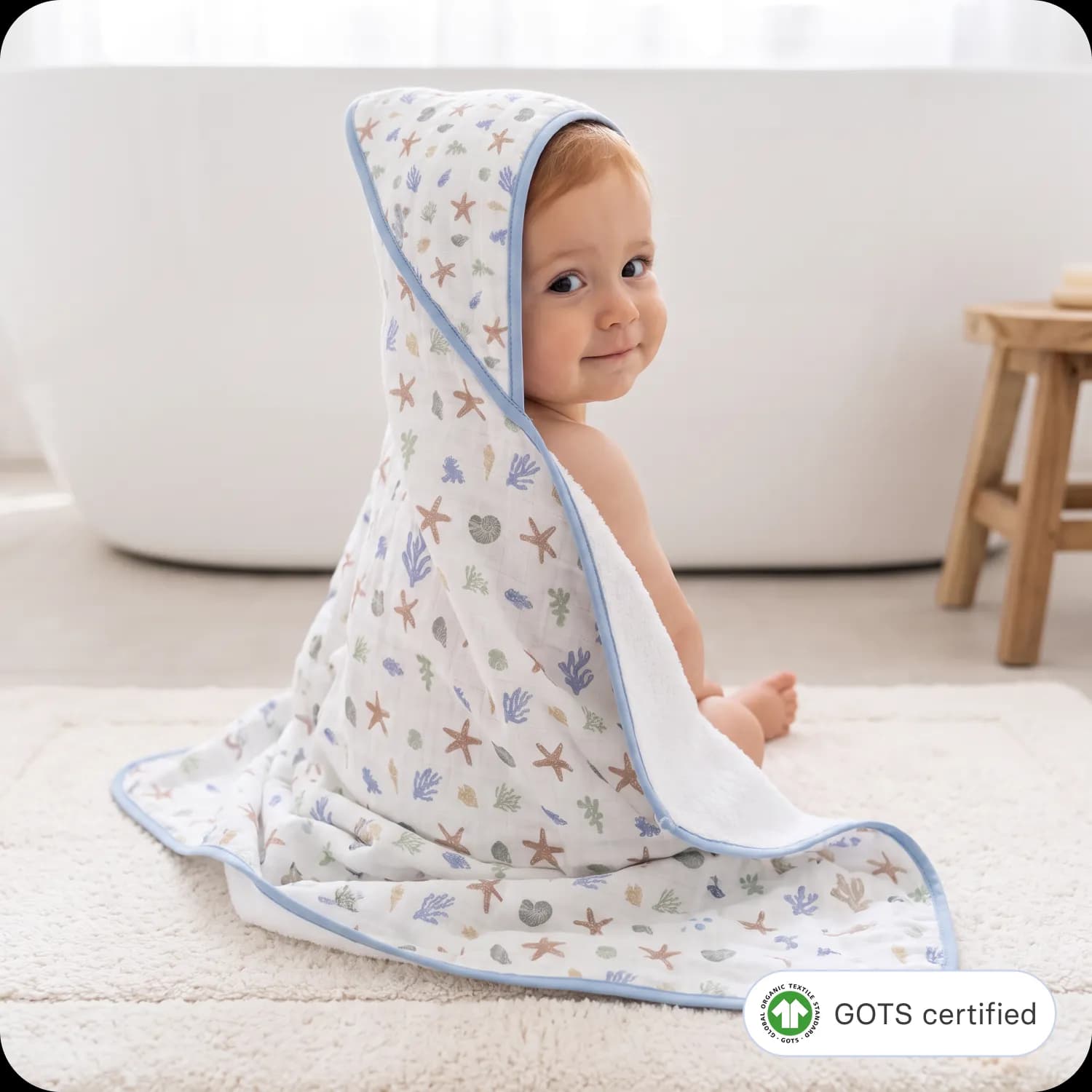 Dual-Sided Organic Cotton Hooded Baby Towel — Ocean Life 1